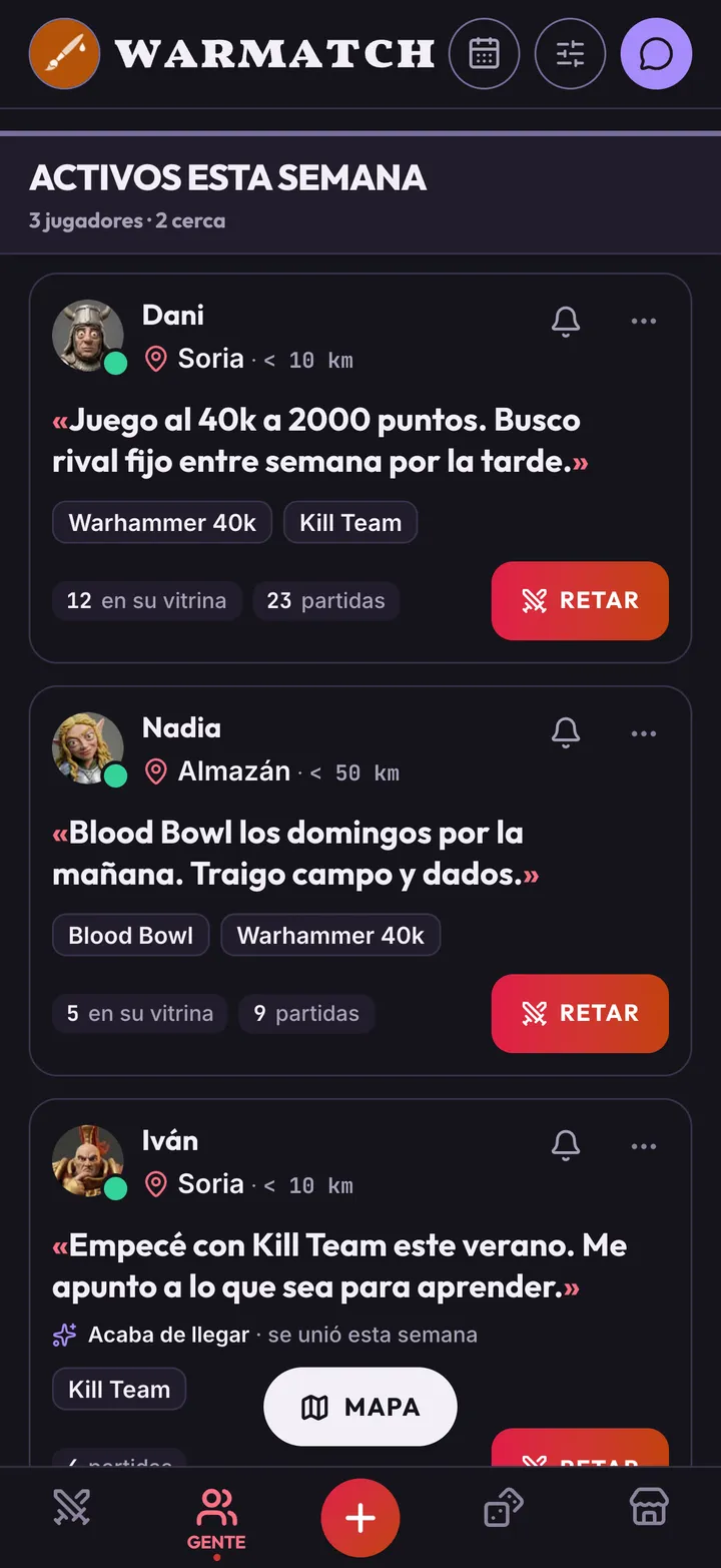 La pantalla Gente con jugadores de la zona