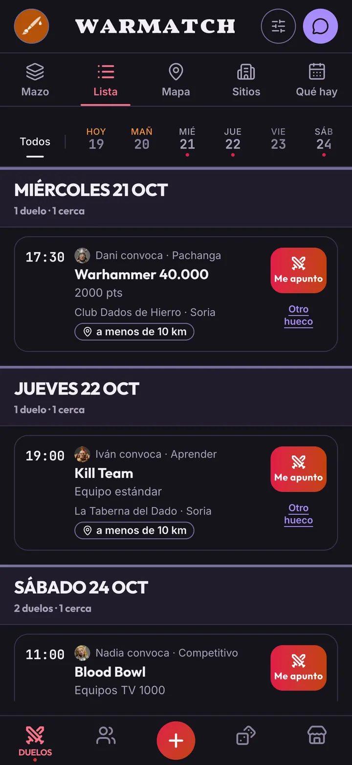 La lista de partidas ordenada por días