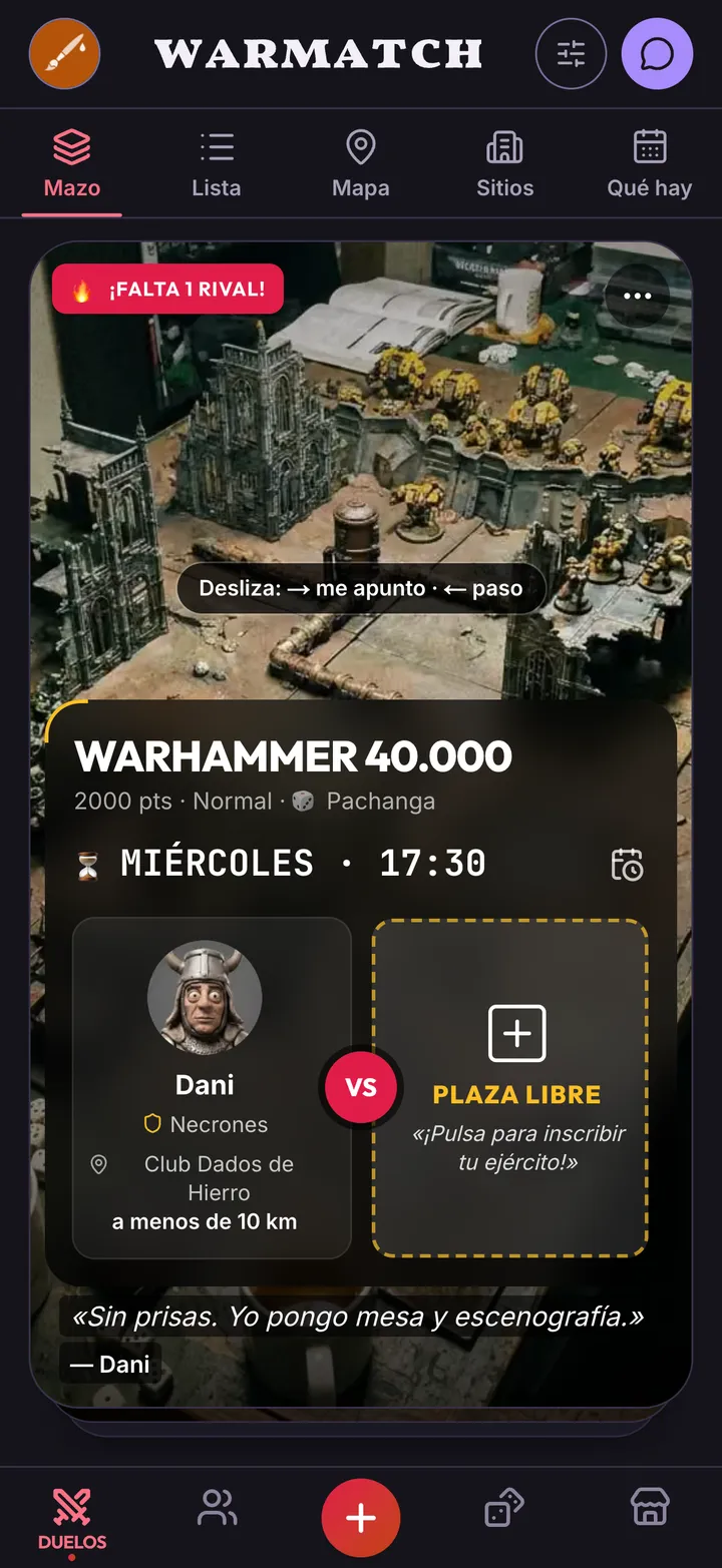 El mazo de WarMatch: una partida de Warhammer 40.000 con una plaza libre