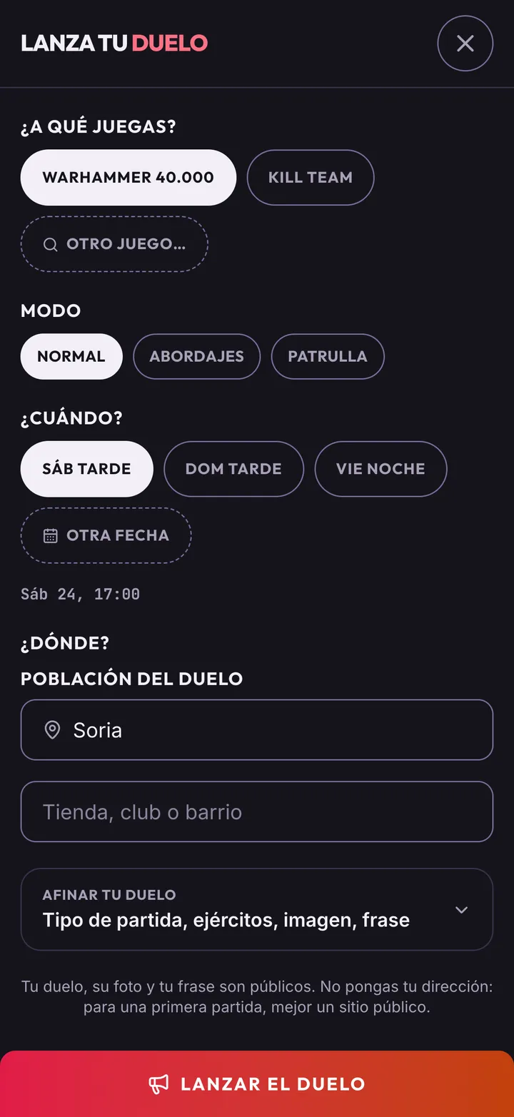 El formulario para publicar una partida